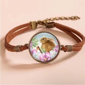 Easter Holiday Bunny Double Layers Faux Suede Flower Bracelet Brown Easter Bunny